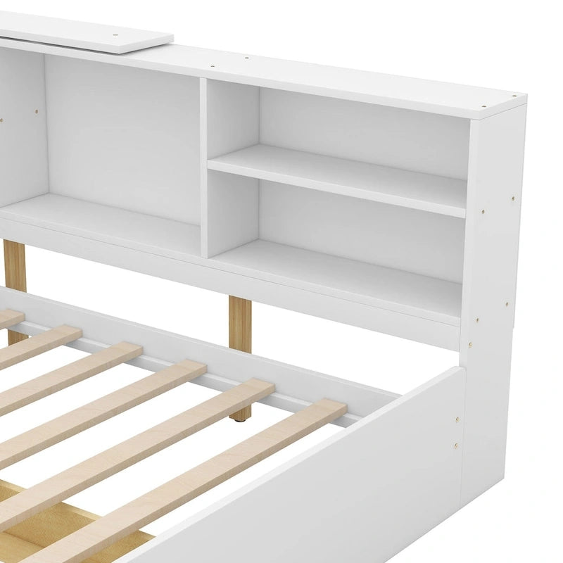 Wood Twin Size platform bed with Storage Headboard, Shelves and 2 Drawers, Gray