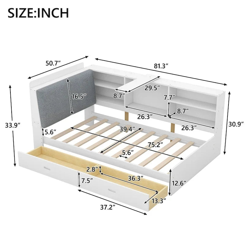 Wood Twin Size platform bed with Storage Headboard, Shelves and 2 Drawers, Gray