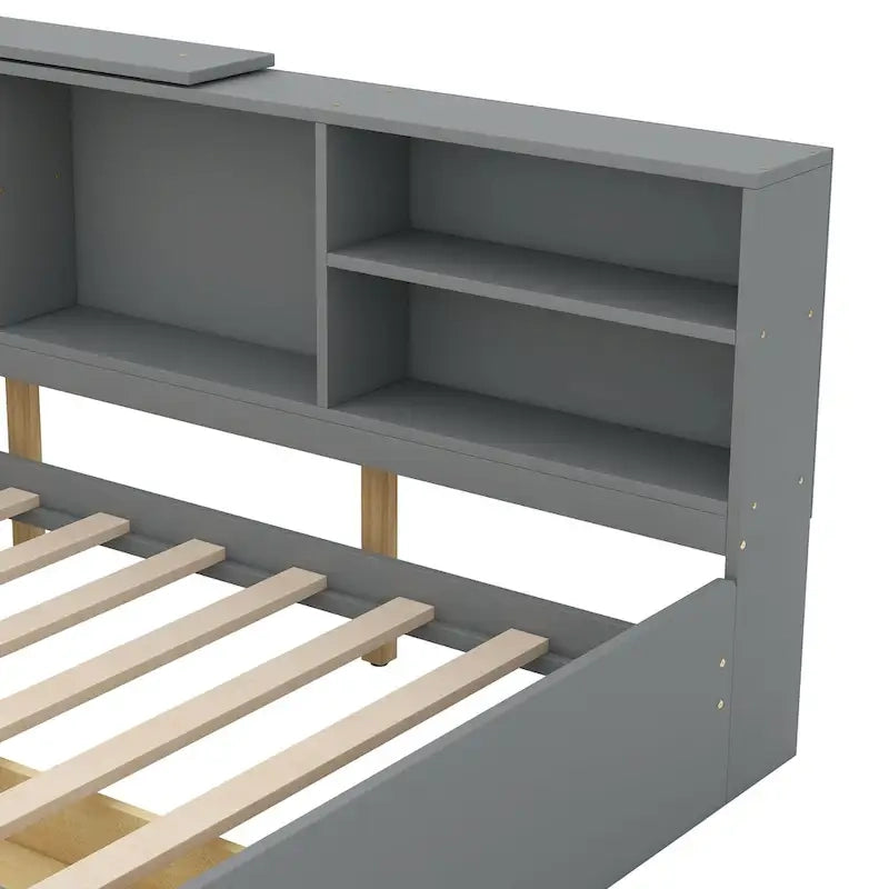 Wood Twin Size platform bed with Storage Headboard, Shelves and 2 Drawers, Gray
