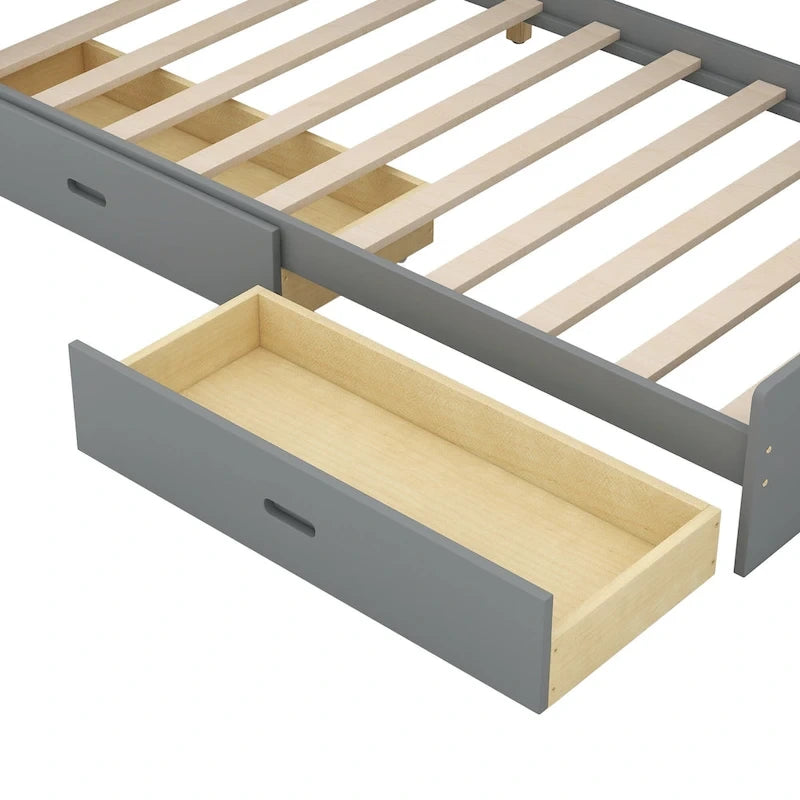 Wood Twin Size platform bed with Storage Headboard, Shelves and 2 Drawers, Gray