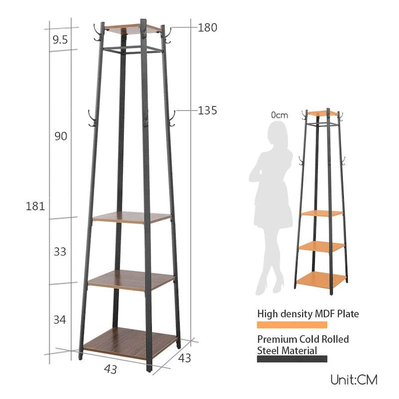 8 Hook Free Standing Coat Rack With Storage Shelves Entryway Hall Tree - 17x17x71.3inch