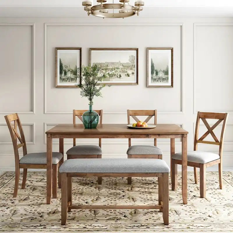 Merax Wooden 6-Piece Kitchen Dining Set with Bench and 4 Dining Chairs