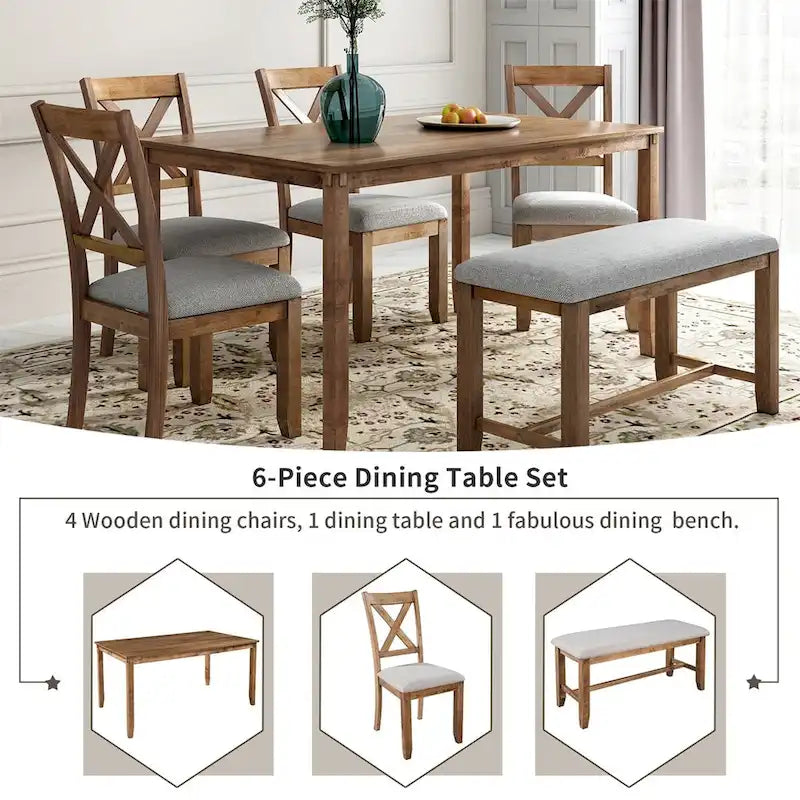Merax Wooden 6-Piece Kitchen Dining Set with Bench and 4 Dining Chairs
