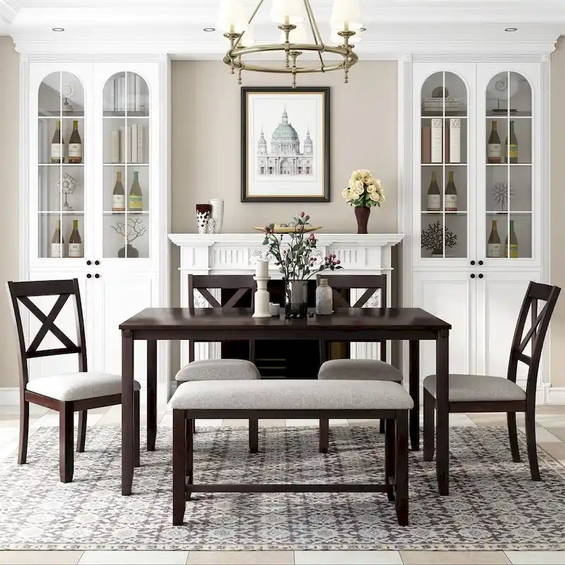 Merax Wooden 6-Piece Kitchen Dining Set with Bench and 4 Dining Chairs
