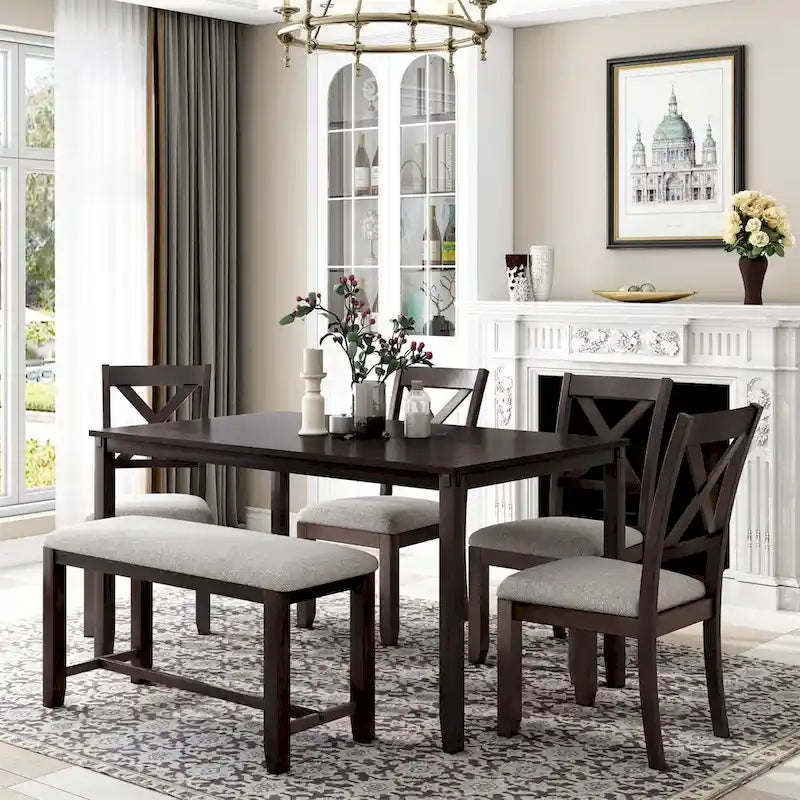 Merax Wooden 6-Piece Kitchen Dining Set with Bench and 4 Dining Chairs