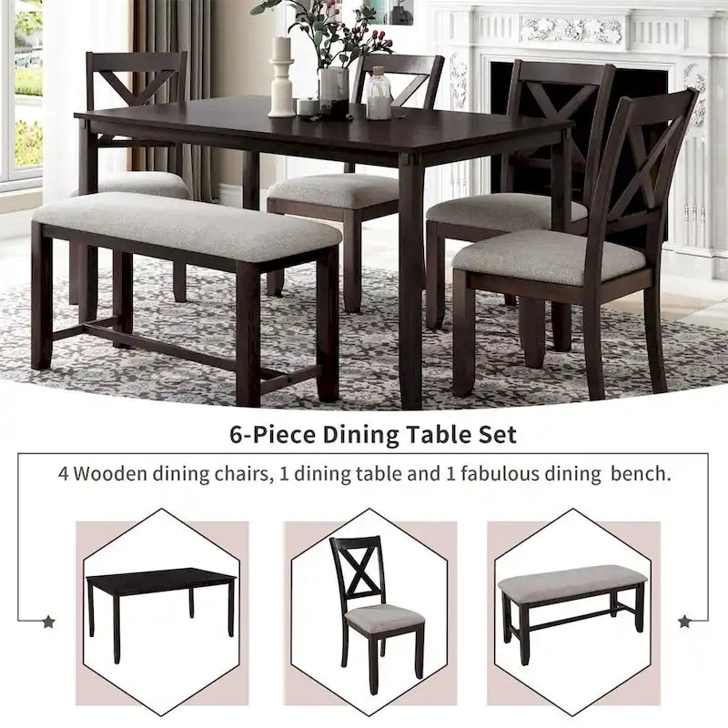 Merax Wooden 6-Piece Kitchen Dining Set with Bench and 4 Dining Chairs
