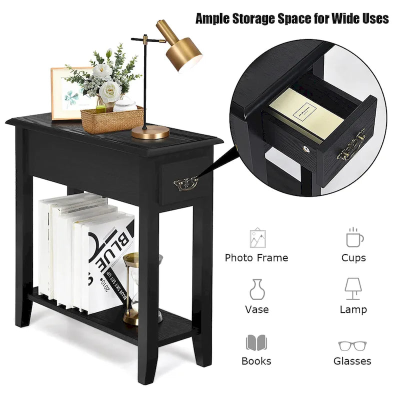 Sofa Side End Table 2 Tier Narrow Nightstand with Drawer