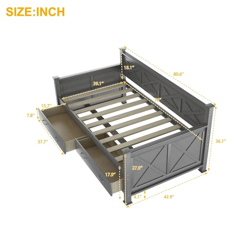 Harper & Bright Designs Twin Daybed with 2 Large Drawers with X-shaped Frame