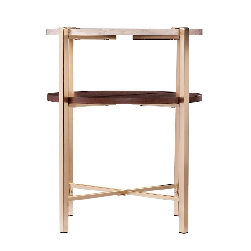 SEI Furniture Aldea Modern Round Side Table with Faux Marble Top and Faux Wood Shelf