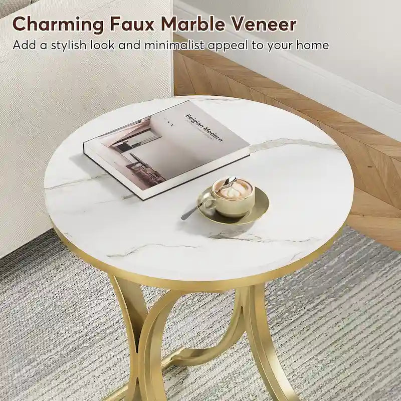 Small Modern Round Side Table End Table Nightstand with Gold Metal Frame and Faux Marble Veneer Engineered Wood for Living Room