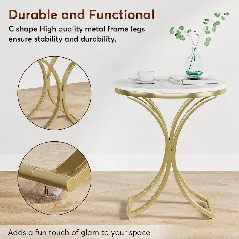 Small Modern Round Side Table End Table Nightstand with Gold Metal Frame and Faux Marble Veneer Engineered Wood for Living Room