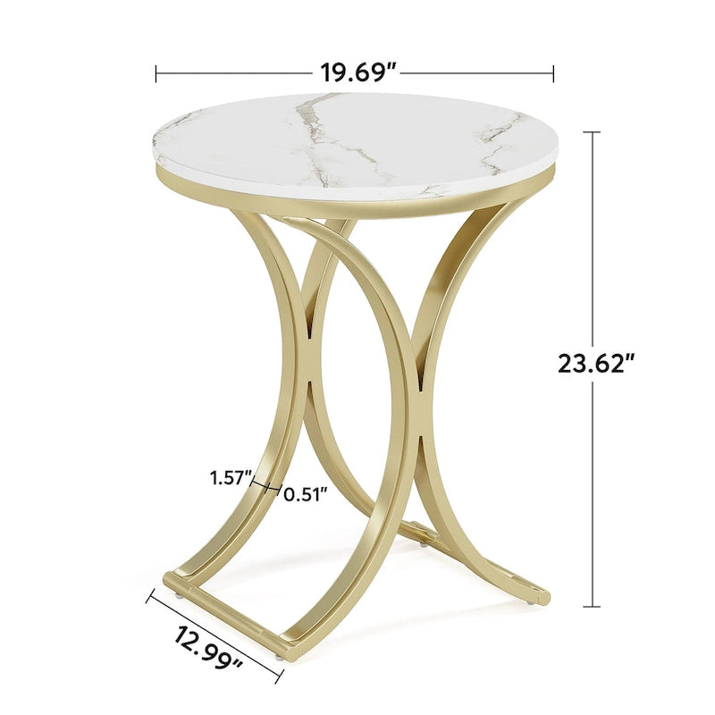 Small Modern Round Side Table End Table Nightstand with Gold Metal Frame and Faux Marble Veneer Engineered Wood for Living Room