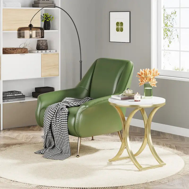 Small Modern Round Side Table End Table Nightstand with Gold Metal Frame and Faux Marble Veneer Engineered Wood for Living Room