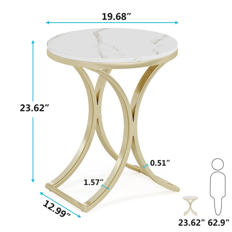 Small Modern Round Side Table End Table Nightstand with Gold Metal Frame and Faux Marble Veneer Engineered Wood for Living Room