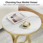 Small Modern Round Side Table End Table Nightstand with Gold Metal Frame and Faux Marble Veneer Engineered Wood for Living Room