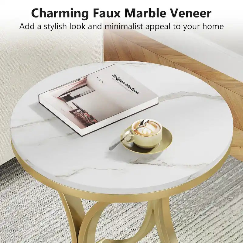 Small Modern Round Side Table End Table Nightstand with Gold Metal Frame and Faux Marble Veneer Engineered Wood for Living Room
