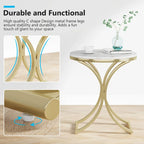 Small Modern Round Side Table End Table Nightstand with Gold Metal Frame and Faux Marble Veneer Engineered Wood for Living Room