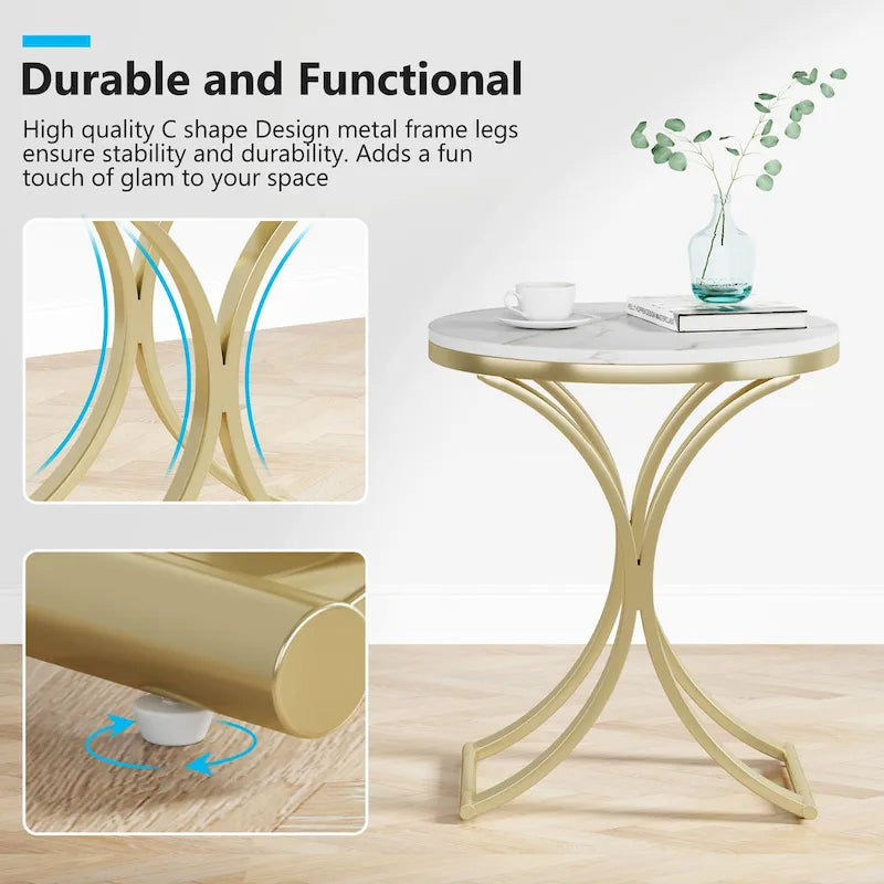 Small Modern Round Side Table End Table Nightstand with Gold Metal Frame and Faux Marble Veneer Engineered Wood for Living Room