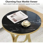 Small Modern Round Side Table End Table Nightstand with Gold Metal Frame and Faux Marble Veneer Engineered Wood for Living Room