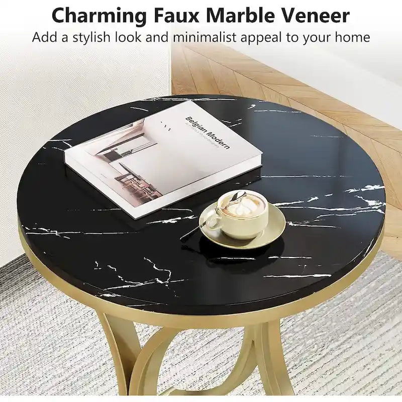 Small Modern Round Side Table End Table Nightstand with Gold Metal Frame and Faux Marble Veneer Engineered Wood for Living Room
