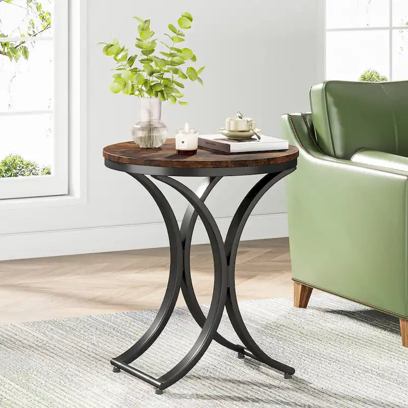 Small Modern Round Side Table End Table Nightstand with Gold Metal Frame and Faux Marble Veneer Engineered Wood for Living Room