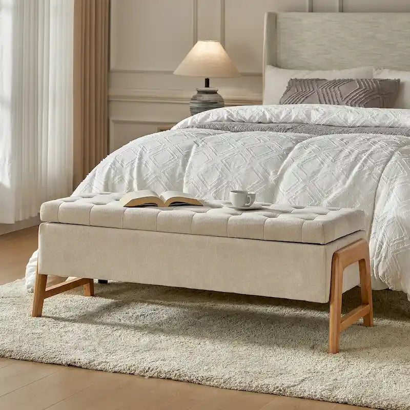 Rita Mid-century Modern Upholstered Storage Bench with Tufted Seat and Solid Wood Leg by HULALA HOME