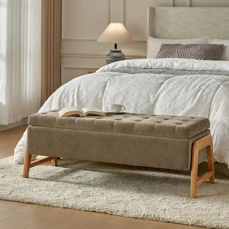 Rita Mid-century Modern Upholstered Storage Bench with Tufted Seat and Solid Wood Leg by HULALA HOME