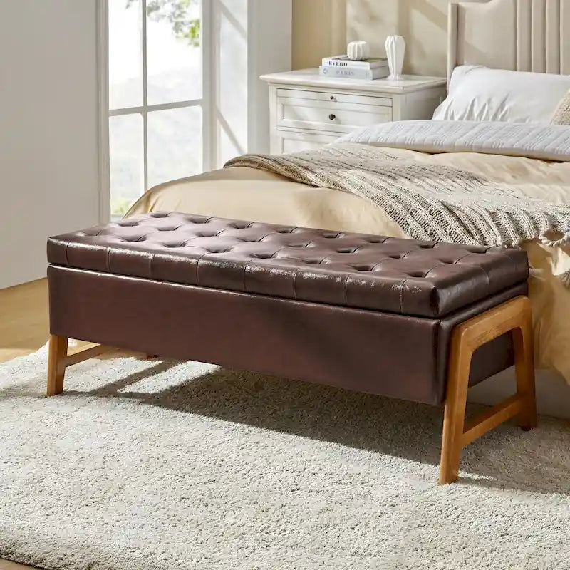 Rita Mid-century Modern Upholstered Storage Bench with Tufted Seat and Solid Wood Leg by HULALA HOME