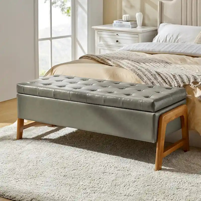 Rita Mid-century Modern Upholstered Storage Bench with Tufted Seat and Solid Wood Leg by HULALA HOME