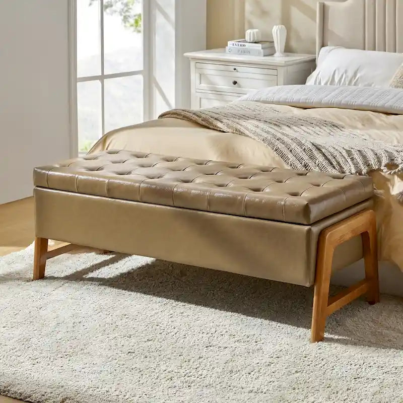 Rita Mid-century Modern Upholstered Storage Bench with Tufted Seat and Solid Wood Leg by HULALA HOME