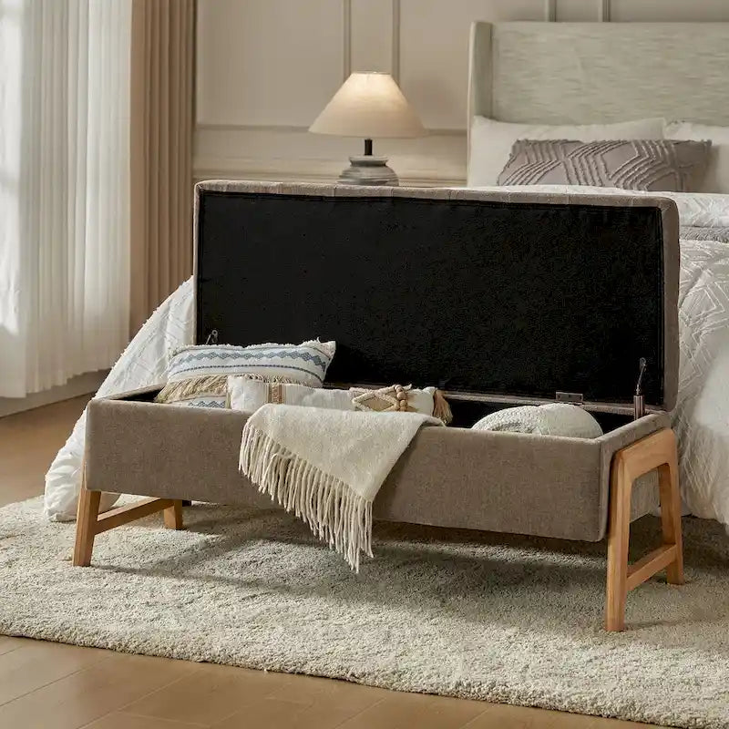 Rita Mid-century Modern Upholstered Storage Bench with Tufted Seat and Solid Wood Leg by HULALA HOME