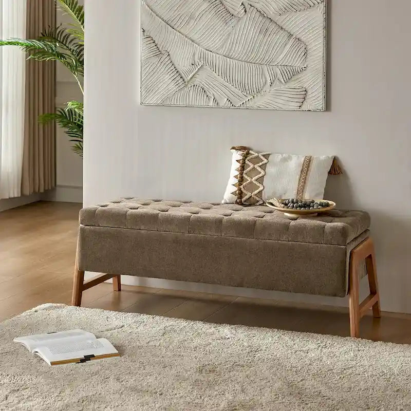Rita Mid-century Modern Upholstered Storage Bench with Tufted Seat and Solid Wood Leg by HULALA HOME