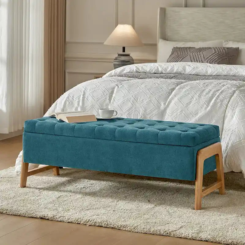 Rita Mid-century Modern Upholstered Storage Bench with Tufted Seat and Solid Wood Leg by HULALA HOME