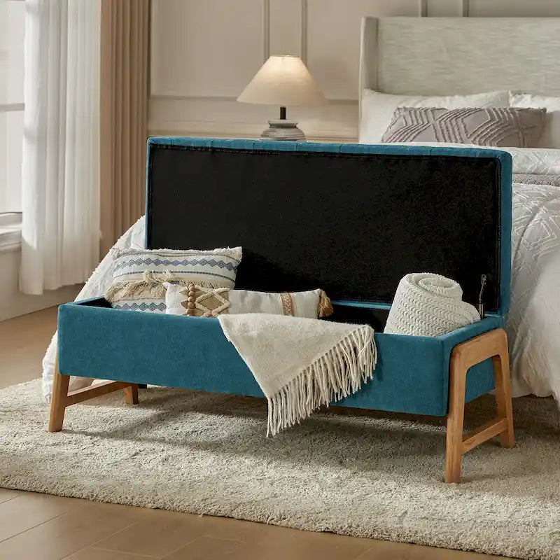 Rita Mid-century Modern Upholstered Storage Bench with Tufted Seat and Solid Wood Leg by HULALA HOME