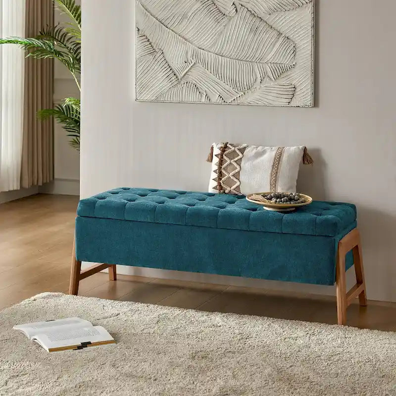Rita Mid-century Modern Upholstered Storage Bench with Tufted Seat and Solid Wood Leg by HULALA HOME