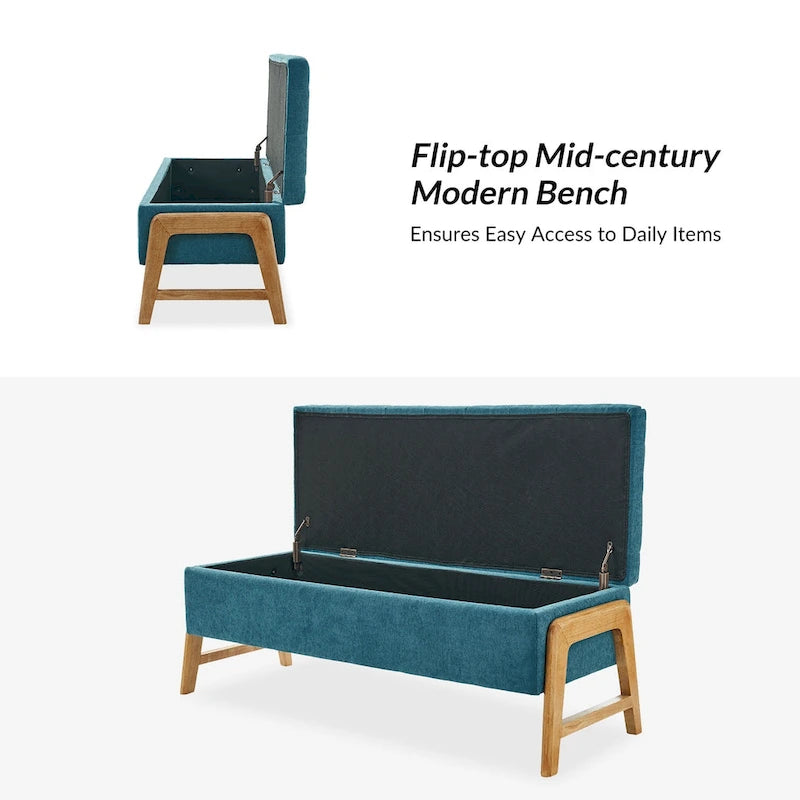 Rita Mid-century Modern Upholstered Storage Bench with Tufted Seat and Solid Wood Leg by HULALA HOME