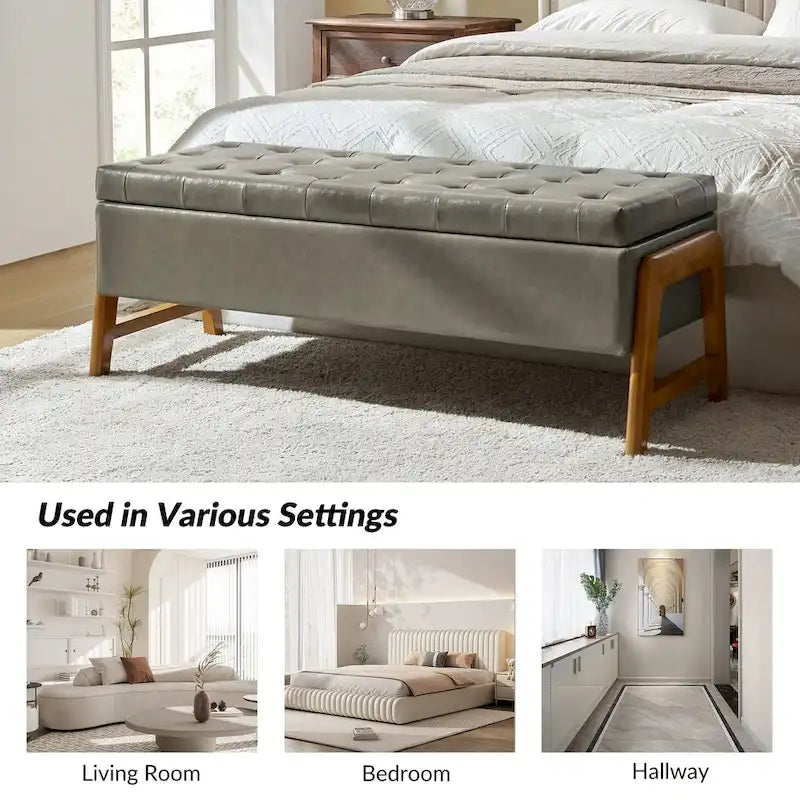 Rita Mid-century Modern Upholstered Storage Bench with Tufted Seat and Solid Wood Leg by HULALA HOME
