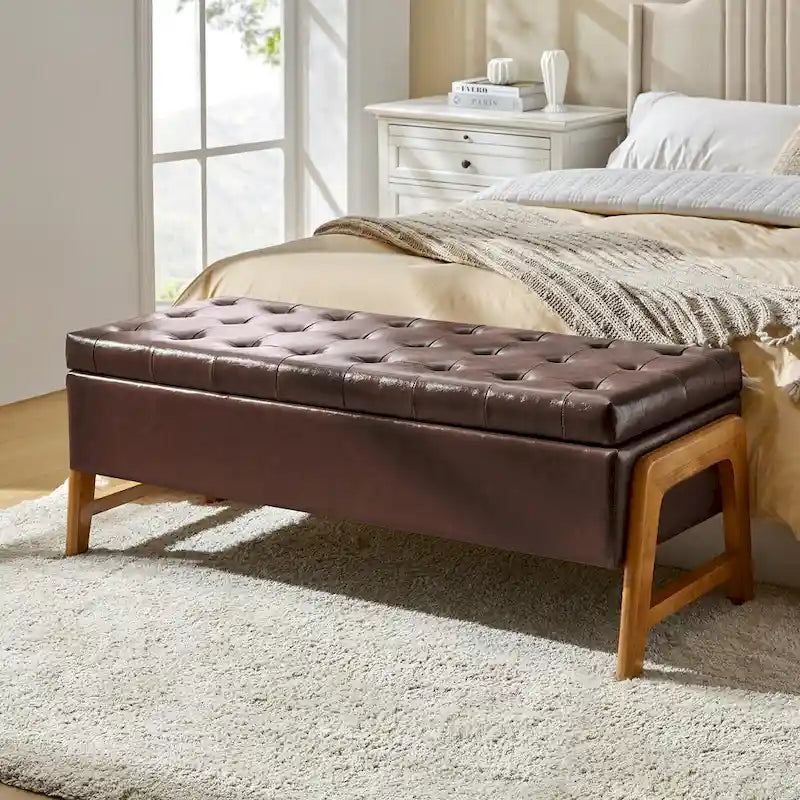 Rita Mid-century Modern Upholstered Storage Bench with Tufted Seat and Solid Wood Leg by HULALA HOME
