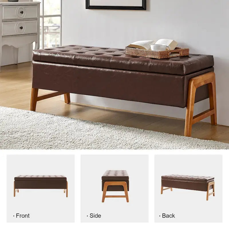 Rita Mid-century Modern Upholstered Storage Bench with Tufted Seat and Solid Wood Leg by HULALA HOME
