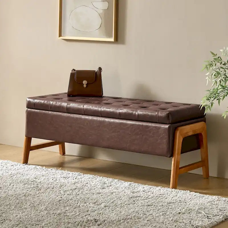 Rita Mid-century Modern Upholstered Storage Bench with Tufted Seat and Solid Wood Leg by HULALA HOME