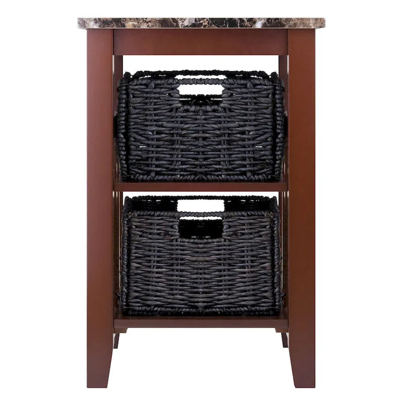 Zoey Accent Table with 2 Foldable Corn Husk Baskets, Faux Marble Top, Chocolate and Walnut - 16.54 x 20.08 x 25.04 inches