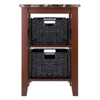 Zoey Accent Table with 2 Foldable Corn Husk Baskets, Faux Marble Top, Chocolate and Walnut - 16.54 x 20.08 x 25.04 inches