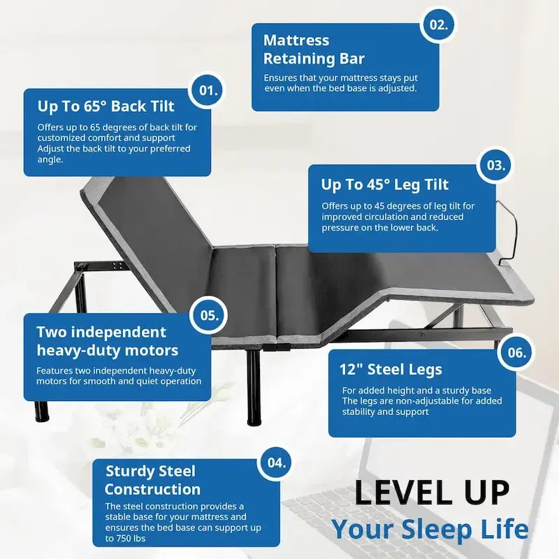 Adjustable Bed Frame, Head & Foot Incline, Wireless Remote Control, Zero Gravity Adjustable Bed Base