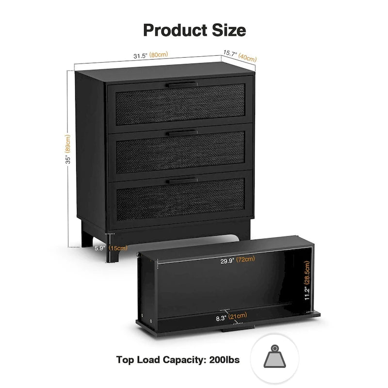 Anmytek Black 3-Drawer Dresser Modern Rattan Chest of Drawers Accent Storage Cabinet for Bedroom