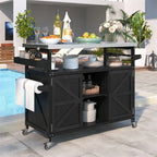 Outdoor Kitchen Island, Rolling Bar Cart & Storage Cabinet, Farmhouse Outdoor Grill Table with Stainless Steel Top & Towel Rack