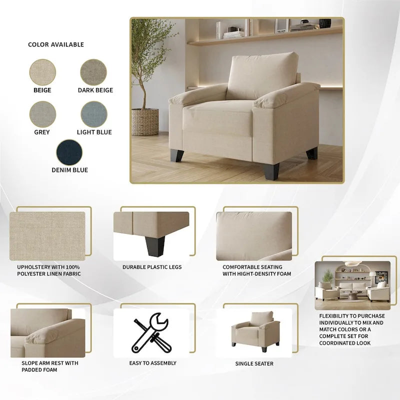CraftPorch Simple Style Linen Upholstered 3-Piece Living Room Set