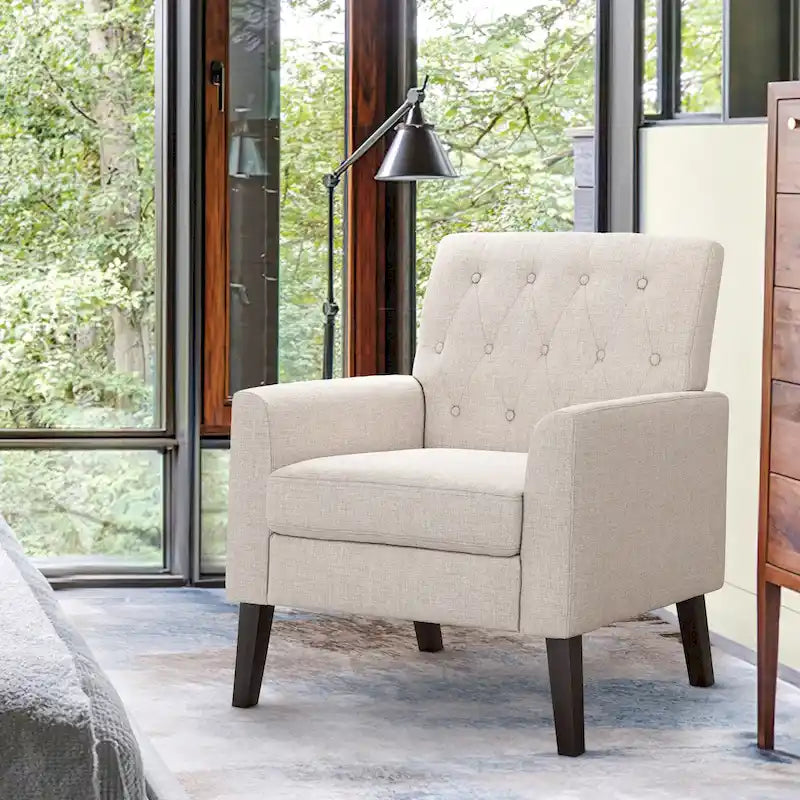 LUE BONA Modern Upholstered Accent Chair Linen Fabric Button Tufted Armchair with Solid Wood Frame - 28.5 W X 27.25 D X 33.75 H