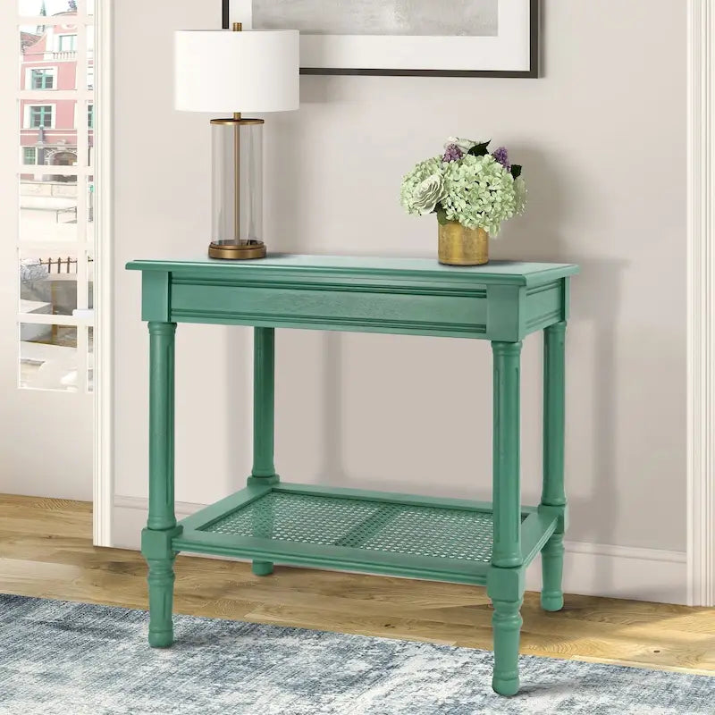 Copper Grove Reine Cream Side Table with Rattan Shelf