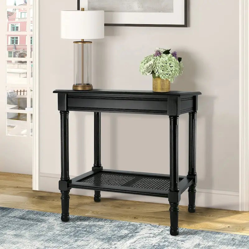 Copper Grove Reine Cream Side Table with Rattan Shelf
