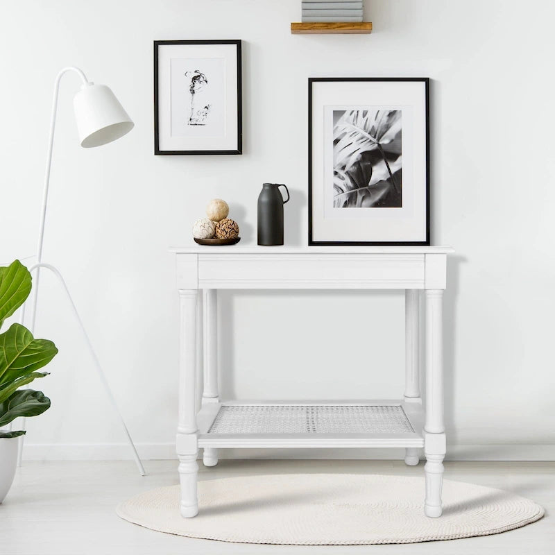 Copper Grove Reine Cream Side Table with Rattan Shelf